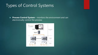 Types of Control Systems
 Process Control System – monitors the environment and can
electronically control the process
 
