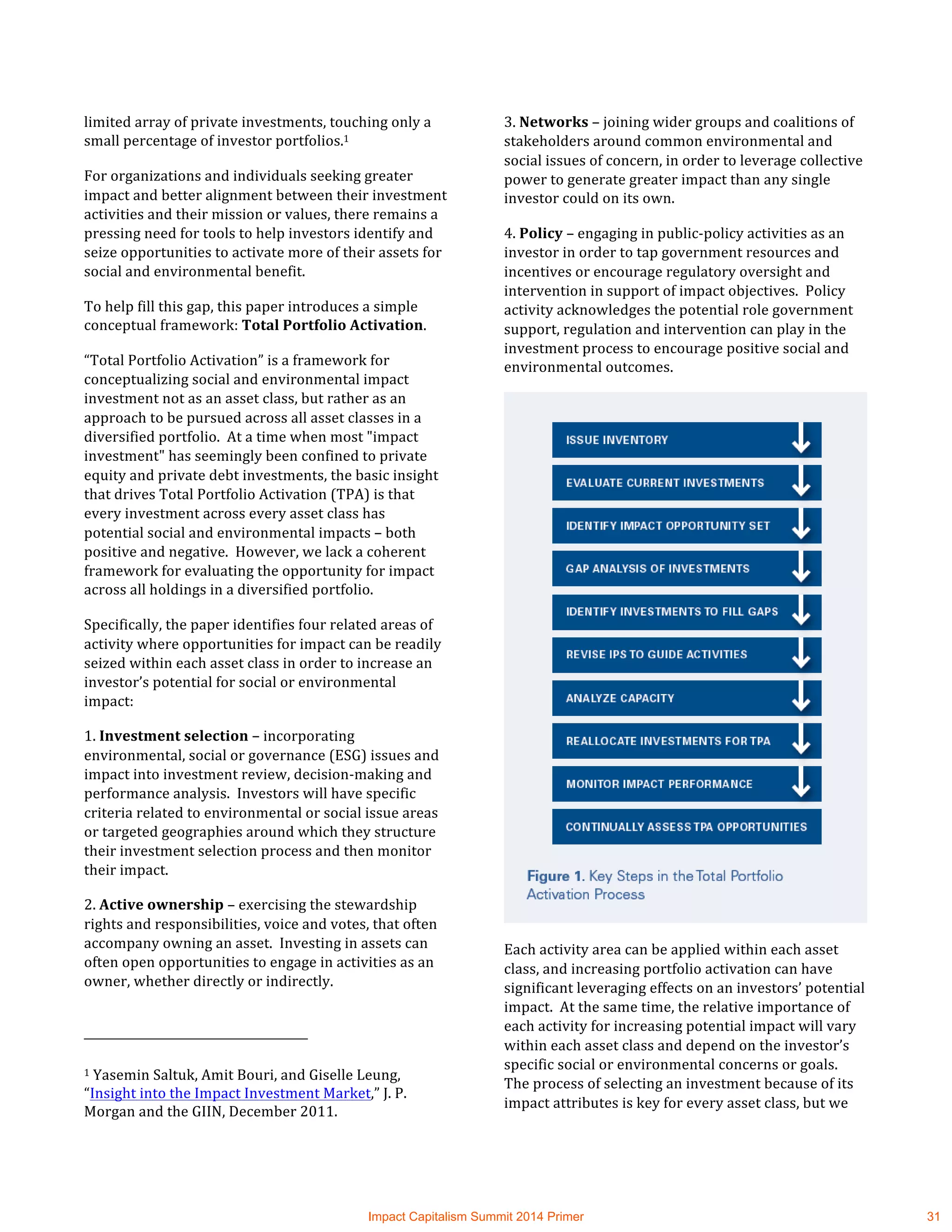 limited	
  array	
  of	
  private	
  investments,	
  touching	
  only	
  a	
  
small	
  percentage	
  of	
  investor	
  portfolios.1	
  
For	
  organizations	
  and	
  individuals	
  seeking	
  greater	
  
impact	
  and	
  better	
  alignment	
  between	
  their	
  investment	
  
activities	
  and	
  their	
  mission	
  or	
  values,	
  there	
  remains	
  a	
  
pressing	
  need	
  for	
  tools	
  to	
  help	
  investors	
  identify	
  and	
  
seize	
  opportunities	
  to	
  activate	
  more	
  of	
  their	
  assets	
  for	
  
social	
  and	
  environmental	
  benefit.	
  
To	
  help	
  fill	
  this	
  gap,	
  this	
  paper	
  introduces	
  a	
  simple	
  
conceptual	
  framework:	
  Total	
  Portfolio	
  Activation.	
  	
  	
  
“Total	
  Portfolio	
  Activation”	
  is	
  a	
  framework	
  for	
  
conceptualizing	
  social	
  and	
  environmental	
  impact	
  
investment	
  not	
  as	
  an	
  asset	
  class,	
  but	
  rather	
  as	
  an	
  
approach	
  to	
  be	
  pursued	
  across	
  all	
  asset	
  classes	
  in	
  a	
  
diversified	
  portfolio.	
  	
  At	
  a	
  time	
  when	
  most	
  "impact	
  
investment"	
  has	
  seemingly	
  been	
  confined	
  to	
  private	
  
equity	
  and	
  private	
  debt	
  investments,	
  the	
  basic	
  insight	
  
that	
  drives	
  Total	
  Portfolio	
  Activation	
  (TPA)	
  is	
  that	
  
every	
  investment	
  across	
  every	
  asset	
  class	
  has	
  
potential	
  social	
  and	
  environmental	
  impacts	
  –	
  both	
  
positive	
  and	
  negative.	
  	
  However,	
  we	
  lack	
  a	
  coherent	
  
framework	
  for	
  evaluating	
  the	
  opportunity	
  for	
  impact	
  
across	
  all	
  holdings	
  in	
  a	
  diversified	
  portfolio.	
  	
  
Specifically,	
  the	
  paper	
  identifies	
  four	
  related	
  areas	
  of	
  
activity	
  where	
  opportunities	
  for	
  impact	
  can	
  be	
  readily	
  
seized	
  within	
  each	
  asset	
  class	
  in	
  order	
  to	
  increase	
  an	
  
investor’s	
  potential	
  for	
  social	
  or	
  environmental	
  
impact:	
  	
  	
  
1.	
  Investment	
  selection	
  –	
  incorporating	
  
environmental,	
  social	
  or	
  governance	
  (ESG)	
  issues	
  and	
  
impact	
  into	
  investment	
  review,	
  decision-­‐making	
  and	
  
performance	
  analysis.	
  	
  Investors	
  will	
  have	
  specific	
  
criteria	
  related	
  to	
  environmental	
  or	
  social	
  issue	
  areas	
  
or	
  targeted	
  geographies	
  around	
  which	
  they	
  structure	
  
their	
  investment	
  selection	
  process	
  and	
  then	
  monitor	
  
their	
  impact.	
  
2.	
  Active	
  ownership	
  –	
  exercising	
  the	
  stewardship	
  
rights	
  and	
  responsibilities,	
  voice	
  and	
  votes,	
  that	
  often	
  
accompany	
  owning	
  an	
  asset.	
  	
  Investing	
  in	
  assets	
  can	
  
often	
  open	
  opportunities	
  to	
  engage	
  in	
  activities	
  as	
  an	
  
owner,	
  whether	
  directly	
  or	
  indirectly.	
  
	
  	
  	
  	
  	
  	
  	
  	
  	
  	
  	
  	
  	
  	
  	
  	
  	
  	
  	
  	
  	
  	
  	
  	
  	
  	
  	
  	
  	
  	
  	
  	
  	
  	
  	
  	
  	
  	
  	
  	
  	
  	
  	
  	
  	
  	
  	
  	
  	
  	
  	
  	
  	
  	
  	
  	
  	
  	
  	
  	
  	
  
1	
  Yasemin	
  Saltuk,	
  Amit	
  Bouri,	
  and	
  Giselle	
  Leung,	
  
“Insight	
  into	
  the	
  Impact	
  Investment	
  Market,”	
  J.	
  P.	
  
Morgan	
  and	
  the	
  GIIN,	
  December	
  2011.	
  
3.	
  Networks	
  –	
  joining	
  wider	
  groups	
  and	
  coalitions	
  of	
  
stakeholders	
  around	
  common	
  environmental	
  and	
  
social	
  issues	
  of	
  concern,	
  in	
  order	
  to	
  leverage	
  collective	
  
power	
  to	
  generate	
  greater	
  impact	
  than	
  any	
  single	
  
investor	
  could	
  on	
  its	
  own.	
  
4.	
  Policy	
  –	
  engaging	
  in	
  public-­‐policy	
  activities	
  as	
  an	
  
investor	
  in	
  order	
  to	
  tap	
  government	
  resources	
  and	
  
incentives	
  or	
  encourage	
  regulatory	
  oversight	
  and	
  
intervention	
  in	
  support	
  of	
  impact	
  objectives.	
  	
  Policy	
  
activity	
  acknowledges	
  the	
  potential	
  role	
  government	
  
support,	
  regulation	
  and	
  intervention	
  can	
  play	
  in	
  the	
  
investment	
  process	
  to	
  encourage	
  positive	
  social	
  and	
  
environmental	
  outcomes.	
  
	
  
Each	
  activity	
  area	
  can	
  be	
  applied	
  within	
  each	
  asset	
  
class,	
  and	
  increasing	
  portfolio	
  activation	
  can	
  have	
  
significant	
  leveraging	
  effects	
  on	
  an	
  investors’	
  potential	
  
impact.	
  	
  At	
  the	
  same	
  time,	
  the	
  relative	
  importance	
  of	
  
each	
  activity	
  for	
  increasing	
  potential	
  impact	
  will	
  vary	
  
within	
  each	
  asset	
  class	
  and	
  depend	
  on	
  the	
  investor’s	
  
specific	
  social	
  or	
  environmental	
  concerns	
  or	
  goals.	
  	
  
The	
  process	
  of	
  selecting	
  an	
  investment	
  because	
  of	
  its	
  
impact	
  attributes	
  is	
  key	
  for	
  every	
  asset	
  class,	
  but	
  we	
  
Impact Capitalism Summit 2014 Primer 31
 