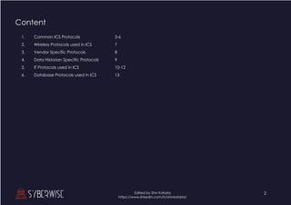 2
Edited by Shiv Kataria
https://www.linkedin.com/in/shivkataria/
Content
1. Common ICS Protocols 3-6
2. Wireless Protocols used in ICS 7
3. Vendor Specific Protocols 8
4. Data Historian Specific Protocols 9
5. IT Protocols used in ICS 10-12
6. Database Protocols used in ICS 13
 