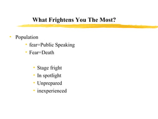 What Frightens You The Most?
• Population
• fear=Public Speaking
• Fear=Death
• Stage fright
• In spotlight
• Unprepared
•...