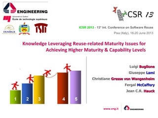 www.eng.it
Knowledge Leveraging Reuse-related Maturity Issues for
Achieving Higher Maturity & Capability Levels
ICSR 2013 - 13° Int. Conference on Software Reuse
Pisa (Italy), 18-20 June 2013
Luigi BuglioneBuglione
Giuseppe LamiLami
Christiane Gresse von WangenheimGresse von Wangenheim
Fergal McCafferyMcCaffery
Jean C.R. HauckHauck
 