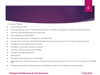 CT narrative Template:
 Protocol/Study ID: XXXX
 Study Title/Study description: Post-Marketing Surveillance of DRUG mg (ingredient) to Evaluate Its Safety and Efficacy.
 Screening number/Randomization No: XXX-XX-XXX
 Patient ID/Subject ID: XXXX-XXXX
 This case was reported by an investigator on DD-MMM-YYYY.
 This case refers to a XX-year-old female/male patient who had liver function test (LFT) elevation during Drug therapy.
 The patient's relevant medical history included:
 The patient's concomitant medications included
 The patient's laboratory data on (Pre therapy)
 The patient was administered with
 About AE/SAE
 The patient's laboratory data on (Post therapy)
 Action taken with respect to Drug was no change and the patient was recovered from the event LFT elevation on DD-MMM-
YYYY.
 The reporter assessed the causality between the medication and the event LFT elevation as possibly related.
6
12-26-2016Katalyst Healthcares & Life Sciences
 