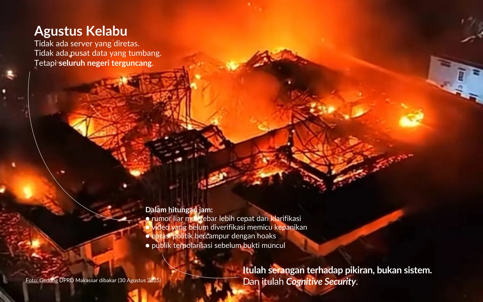 2
Agustus Kelabu
Tidak ada server yang diretas.
Tidak ada pusat data yang tumbang.
Tetapi seluruh negeri terguncang.
Dalam hitungan jam:
● rumor liar menyebar lebih cepat dari klarifikasi
● video yang belum diverifikasi memicu kepanikan
● narasi politik bercampur dengan hoaks
● publik terpolarisasi sebelum bukti muncul
Itulah serangan terhadap pikiran, bukan sistem.
Dan itulah Cognitive Security.
Foto: Gedung DPRD Makassar dibakar (30 Agustus 2025)
 