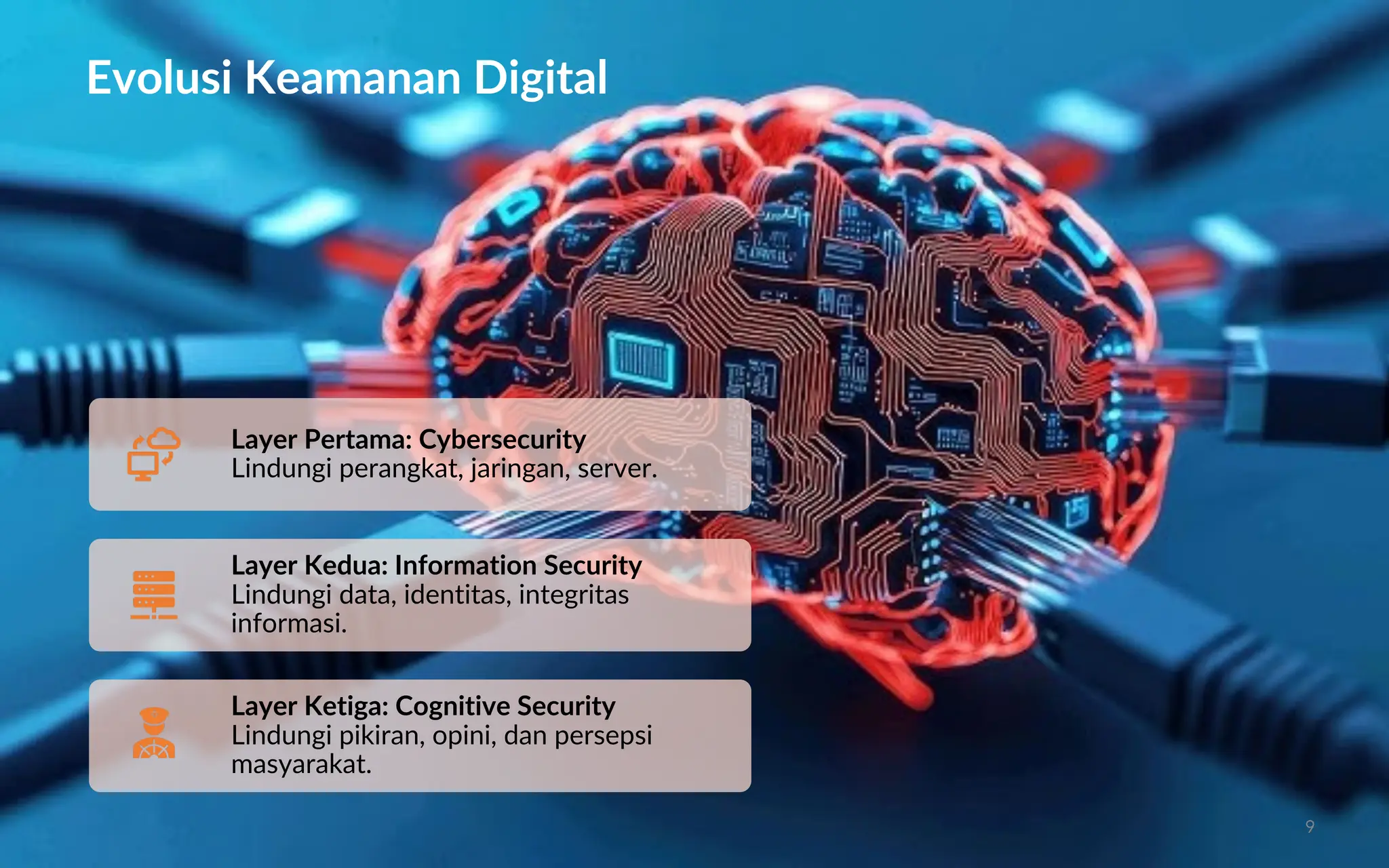 Evolusi Keamanan Digital
9
Layer Pertama: Cybersecurity
Lindungi perangkat, jaringan, server.
Layer Kedua: Information Security
Lindungi data, identitas, integritas
informasi.
Layer Ketiga: Cognitive Security
Lindungi pikiran, opini, dan persepsi
masyarakat.
 