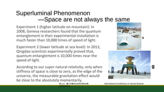 Superluminal Phenomenon 
—Space are not always the same 
Experiment 1 (higher latitude on mountain): In 
2008, Geneva researchers found that the quantum 
entanglement in their experimental installation is 
much faster than 10,000 times of speed of light. 
Experiment 2 (lower latitude at sea level): In 2013, 
Qingdao scientists experimentally proved that, 
quantum entanglement is 10,000 times near the 
speed of light. 
According to our super natural relativity, only when 
stiffness of space is close to zero, as the edge of the 
universe, the measurable gravitation effect would 
be close to the absolutely momentarily. 
g 
黄et al: 量子纠缠态与世界本质的诠释 International Conference on Social Science 
[ICSS2014] 
g 
 