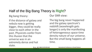 Half of the Big Bang Theory is Right? 
Big bang theory: 
If the distance of galaxy and 
nebula now is getting 
bigger, they could be really 
close to each other in the 
past. Physicists confer from 
this illusion that the 
universe was in an 
extremely dense and hot 
state. 
Our SNR view: 
The big bang never happened 
and the galaxy spectrum’s 
redshift (wavelength gets 
longer) is only the manifesting 
of heterogeneous space-time 
density nature of our universe. 
But the small bang happens all 
time. 
黄et al: 量子纠缠态与世界本质的诠释 International Conference on Social Science 
[ICSS2014] 
 