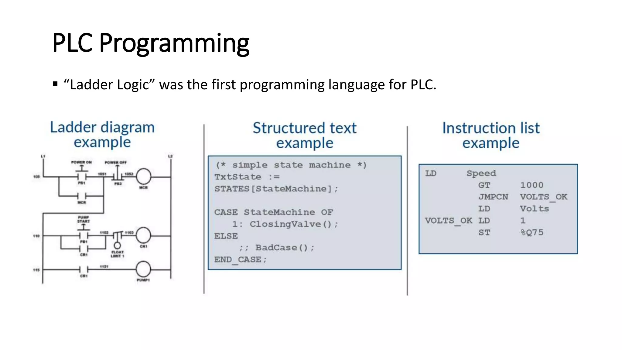 PLC Programming
 “Ladder Logic” was the first programming language for PLC.
 