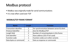 Modbus protocol
 Modbus was originally made for serial communications
 It is now often used over TCP
MODBUS/TCP FRAME FORMAT
 