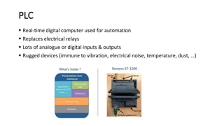 PLC
 Real-time digital computer used for automation
 Replaces electrical relays
 Lots of analogue or digital inputs & outputs
 Rugged devices (immune to vibration, electrical noise, temperature, dust, …)
 