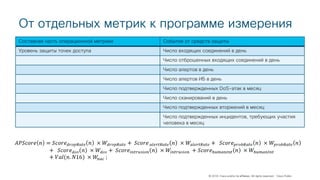 © 2018 Cisco and/or its affiliates. All rights reserved. Cisco Public
От отдельных метрик к программе измерения
Составная часть операционной метрики События от средств защиты
Уровень защиты точек доступа Число входящих соединений в день
Число отброшенных входящих соединений в день
Число алертов в день
Число алертов ИБ в день
Число подтвержденных DoS-атак в месяц
Число сканирований в день
Число подтвержденных вторжений в месяц
Число подтвержденных инцидентов, требующих участия
человека в месяц
 