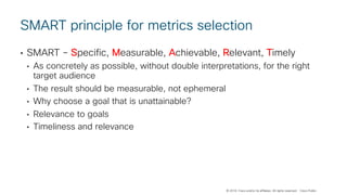 © 2018 Cisco and/or its affiliates. All rights reserved. Cisco Public
SMART principle for metrics selection
• SMART – Specific, Measurable, Achievable, Relevant, Timely
• As concretely as possible, without double interpretations, for the right
target audience
• The result should be measurable, not ephemeral
• Why choose a goal that is unattainable?
• Relevance to goals
• Timeliness and relevance
 