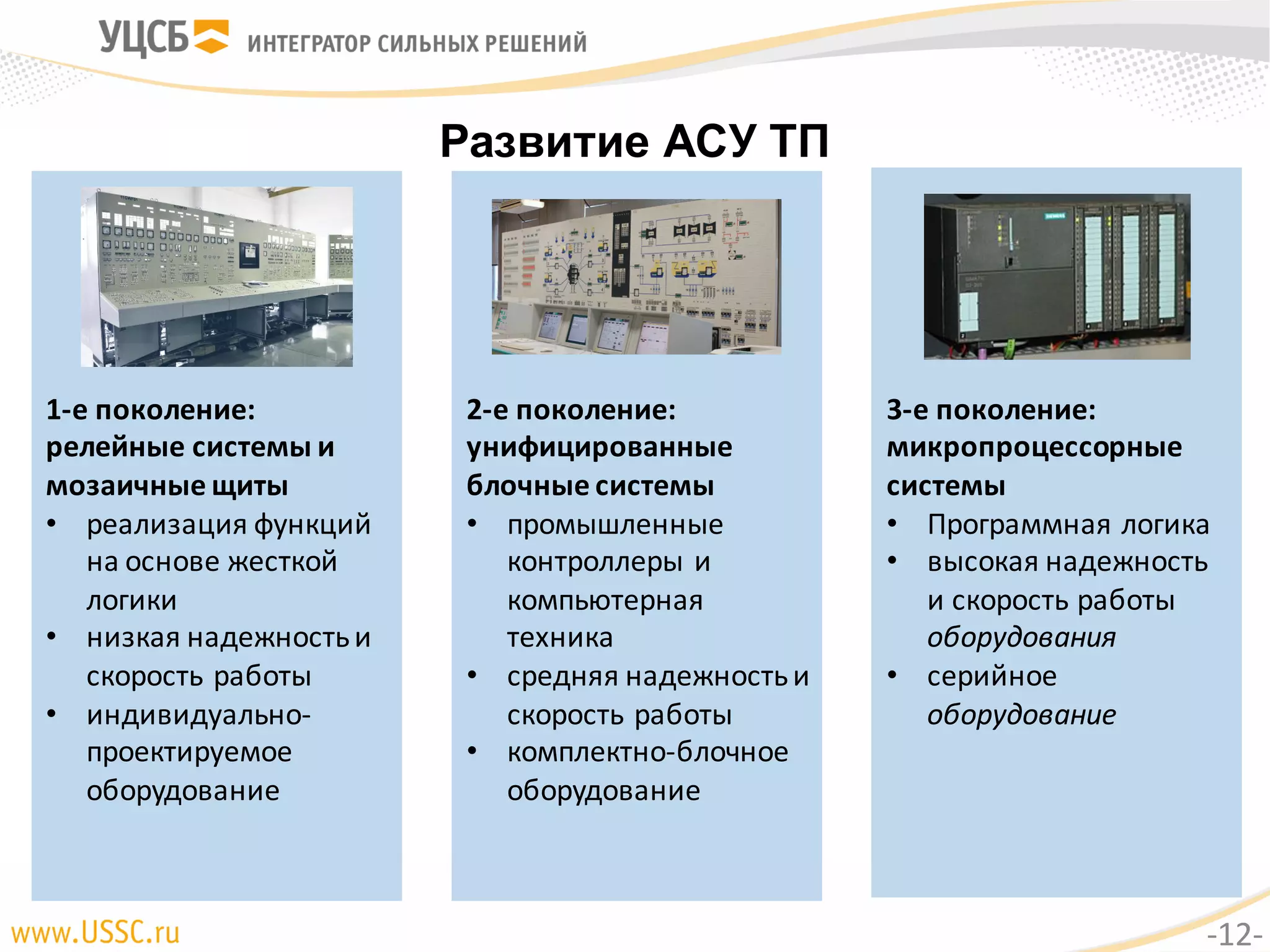 Развитие АСУ ТП
1-е	поколение:
релейные	системы	и	
мозаичные	щиты
• реализация	функций	
на	основе	жесткой	
логики
• низкая	надежность	и	
скорость	работы
• индивидуально-
проектируемое	
оборудование
2-е	поколение:	
унифицированные	
блочные	системы
• промышленные	
контроллеры	и	
компьютерная	
техника
• средняя	надежность	и	
скорость	работы
• комплектно-блочное	
оборудование
3-е	поколение:	
микропроцессорные	
системы
• Программная	логика
• высокая	надежность	
и	скорость	работы	
оборудования
• серийное	
оборудование
-12-
 
