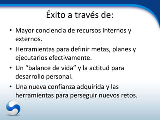 Éxito a través de:
• Mayor conciencia de recursos internos y
  externos.
• Herramientas para definir metas, planes y
  ejecutarlos efectivamente.
• Un “balance de vida” y la actitud para
  desarrollo personal.
• Una nueva confianza adquirida y las
  herramientas para perseguir nuevos retos.
 