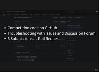 Competition code on GitHub
Troubleshooting with Issues and Discussion Forum
6 Submissions as Pull Request
23.3
 