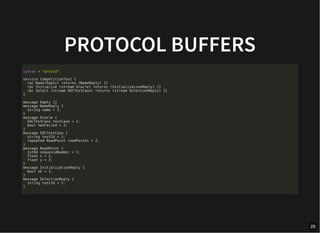PROTOCOL BUFFERS
syntax = "proto3";
service CompetitionTool {
rpc Name(Empty) returns (NameReply) {}
rpc Initialize (stream Oracle) returns (InitializationReply) {}
rpc Select (stream SDCTestCase) returns (stream SelectionReply) {}
}
message Empty {}
message NameReply {
string name = 1;
}
message Oracle {
SDCTestCase testCase = 1;
bool hasFailed = 2;
}
message SDCTestCase {
string testId = 1;
repeated RoadPoint roadPoints = 2;
}
message RoadPoint {
int64 sequenceNumber = 1;
float x = 2;
float y = 3;
}
message InitializationReply {
bool ok = 1;
}
message SelectionReply {
string testId = 1;
}
25
 
