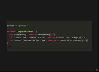 syntax = "proto3";
service CompetitionTool {
rpc Name(Empty) returns (NameReply) {}
rpc Initialize (stream Oracle) returns (InitializationReply) {}
rpc Select (stream SDCTestCase) returns (stream SelectionReply) {}
}
...
26
 
