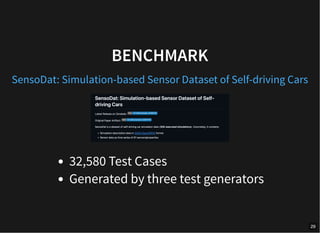 BENCHMARK
32,580 Test Cases
Generated by three test generators
SensoDat: Simulation-based Sensor Dataset of Self-driving Cars
29
 