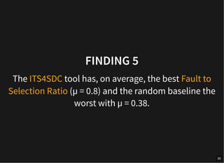 FINDING 5
The ITS4SDC tool has, on average, the best Fault to
Selection Ratio (µ = 0.8) and the random baseline the
worst with µ = 0.38.
35
 