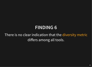 FINDING 6
There is no clear indication that the diversity metric
differs among all tools.
36
 