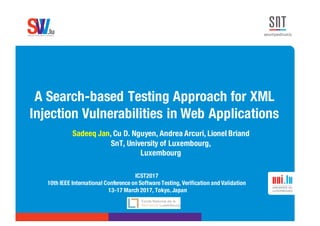 .lusoftware veriﬁcation & validation
VVS
A Search-based Testing Approach for XML
Injection Vulnerabilities in Web Applications
Sadeeq Jan, Cu D. Nguyen, Andrea Arcuri, Lionel Briand
SnT, University of Luxembourg,
Luxembourg
ICST2017
10th IEEE International Conference on Software Testing, Verification and Validation
13-17 March 2017, Tokyo,Japan
 