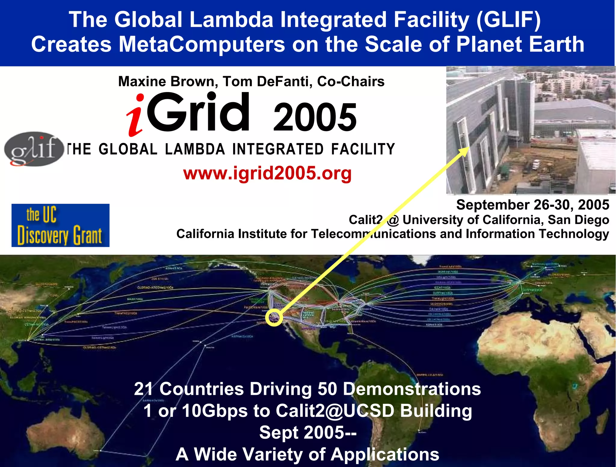September 26-30, 2005 Calit2 @ University of California, San Diego California Institute for Telecommunications and Information Technology The Global Lambda Integrated Facility (GLIF)  Creates MetaComputers on the Scale of Planet Earth T   H   E  G   L   O   B   A   L  L   A   M   B   D   A  I   N   T   E   G   R   A   T   E   D  F   A   C   I   L   I   T   Y   Maxine Brown, Tom DeFanti, Co-Chairs www.igrid2005.org 21 Countries Driving 50 Demonstrations 1 or 10Gbps to Calit2@UCSD Building Sept 2005-- A Wide Variety of Applications i Grid  2005 