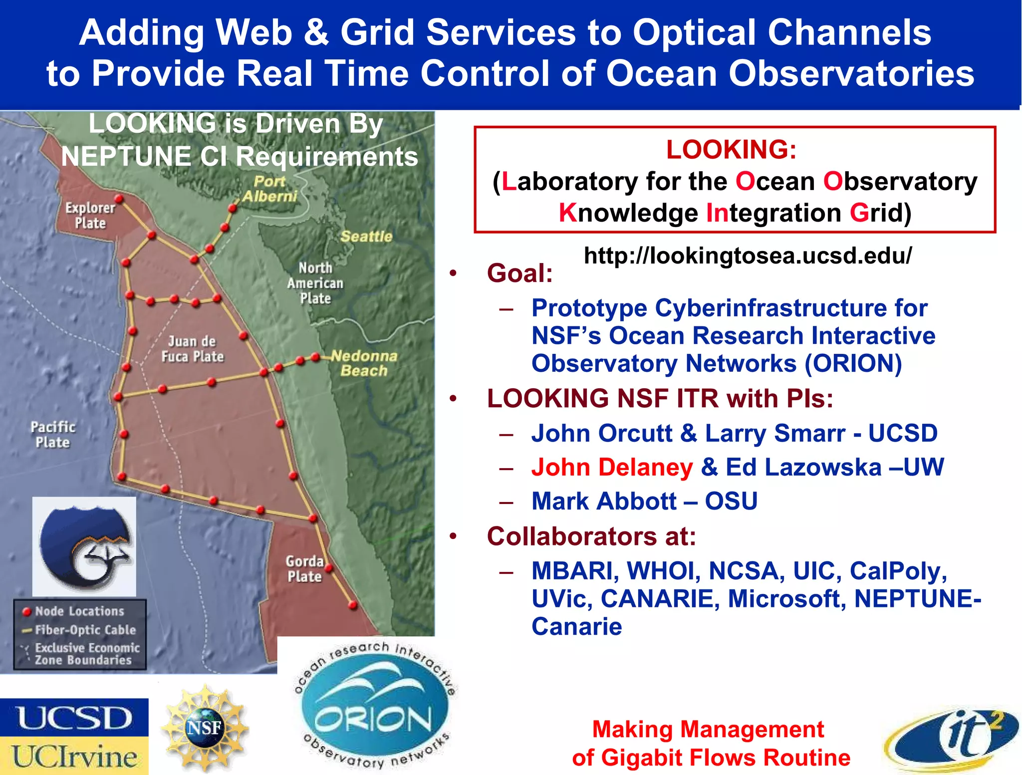 Adding Web & Grid Services to Optical Channels  to Provide Real Time Control of Ocean Observatories Goal:  Prototype Cyberinfrastructure for NSF’s Ocean Research Interactive Observatory Networks (ORION)  LOOKING NSF ITR with PIs: John Orcutt & Larry Smarr - UCSD John Delaney  & Ed Lazowska –UW Mark Abbott – OSU Collaborators at: MBARI, WHOI, NCSA, UIC, CalPoly, UVic, CANARIE, Microsoft, NEPTUNE-Canarie LOOKING:  ( L aboratory for the  O cean  O bservatory  K nowledge  In tegration  G rid) LOOKING is Driven By  NEPTUNE CI Requirements http://lookingtosea.ucsd.edu/ Making Management  of Gigabit Flows Routine 