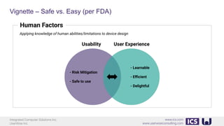 Integrated Computer Solutions Inc.
UserWise Inc.
www.ics.com
www.userwiseconsulting.com
Vignette – Safe vs. Easy (per FDA)
Human Factors
Applying knowledge of human abilities/limitations to device design
Usability User Experience
- Risk Mitigation
- Safe to use
- Learnable
- Eﬃcient
- Delightful
 