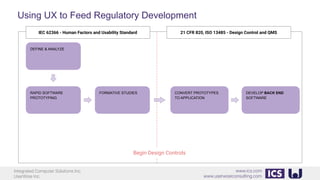 Integrated Computer Solutions Inc.
UserWise Inc.
www.ics.com
www.userwiseconsulting.com
Using UX to Feed Regulatory Development
DEFINE & ANALYZE
RAPID SOFTWARE
PROTOTYPING
FORMATIVE STUDIES CONVERT PROTOTYPES
TO APPLICATION
DEVELOP BACK END
SOFTWARE
Begin Design Controls
21 CFR 820, ISO 13485 - Design Control and QMSIEC 62366 - Human Factors and Usability Standard
 