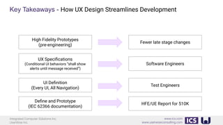Integrated Computer Solutions Inc.
UserWise Inc.
www.ics.com
www.userwiseconsulting.com
Key Takeaways - How UX Design Streamlines Development
High Fidelity Prototypes
(pre-engineering)
Fewer late stage changes
UX Speciﬁcations
(Conditional UI behaviors “shall show
alerts until message received”)
Software Engineers
UI Deﬁnition
(Every UI, All Navigation)
Test Engineers
Deﬁne and Prototype
(IEC 62366 documentation)
HFE/UE Report for 510K
 