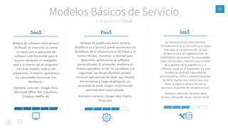 11
Entregados en Cloud
Modelos Básicos de Servicio
PaaS IaaSSaaS
Modelo de sodware como servicio
(Sodware as a Service) se centra
en hacer que la aplicación de
sodware esté disponible para el
usuario mediante un navegador
web o la interfaz de un programa.
Con este modelo, toda la red
subyacente, el sistema operaAvo y
las capacidades funcionan tras
basAdores.
Ejemplos comunes: Google Docs,
Microsod Oﬃce 365, Salesforce,
Dropbox, Neclix etc
Modelo de plataforma como servicio
(Plalorm as a Service) puede aprovechar los
beneﬁcios de la infraestructura de Cloud y, al
mismo Aempo, mantener la libertad para
desarrollar aplicaciones de sodware
personalizadas. El proveedor manAene el
sistema operaAvo, la red, los servidores y la
seguridad. Los desarrolladores pueden
construir aplicaciones sin tener que instalar
herramientas y luego desplegarlas sin
necesidad de tener ningún conocimiento
administraAvo especializado.
Ejemplos comunes: Google App Engine,
force.com
La infraestructura como servicio
(Infrastructure as as Service) va un poco
más lejos en la abstracción, ya que
proporciona a las organizaciones la
habilidad de aprovechar las capacidades
natas del servidor, mientras que el resto
de la gesAón de la plataforma y el
sodware recae en el proveedor. En este
modelo se contrata capacidad de
procesamiento (CPU) y almacenamiento,
Se Aene mucho más control que con
PaaS, aunque a cambio de eso es
necesaria la gesAón de infraestructura.
Ejemplos comunes: Amazon Web
Service, Microsod Azure, Oracle Cloud.
 