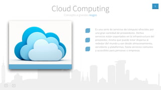 5
Concepto a grandes rasgos
Cloud Computing
Es una serie de servicios de cómputo ofrecidos por
una gran variedad de proveedores. Dichos
servicios están soportados en la infraestructura del
proveedor, misma que puede estar dispersa al
rededor del mundo y van desde almacenamiento,
servidores y plataformas, hasta servicios comunes
y accesibles para personas o empresas.
 