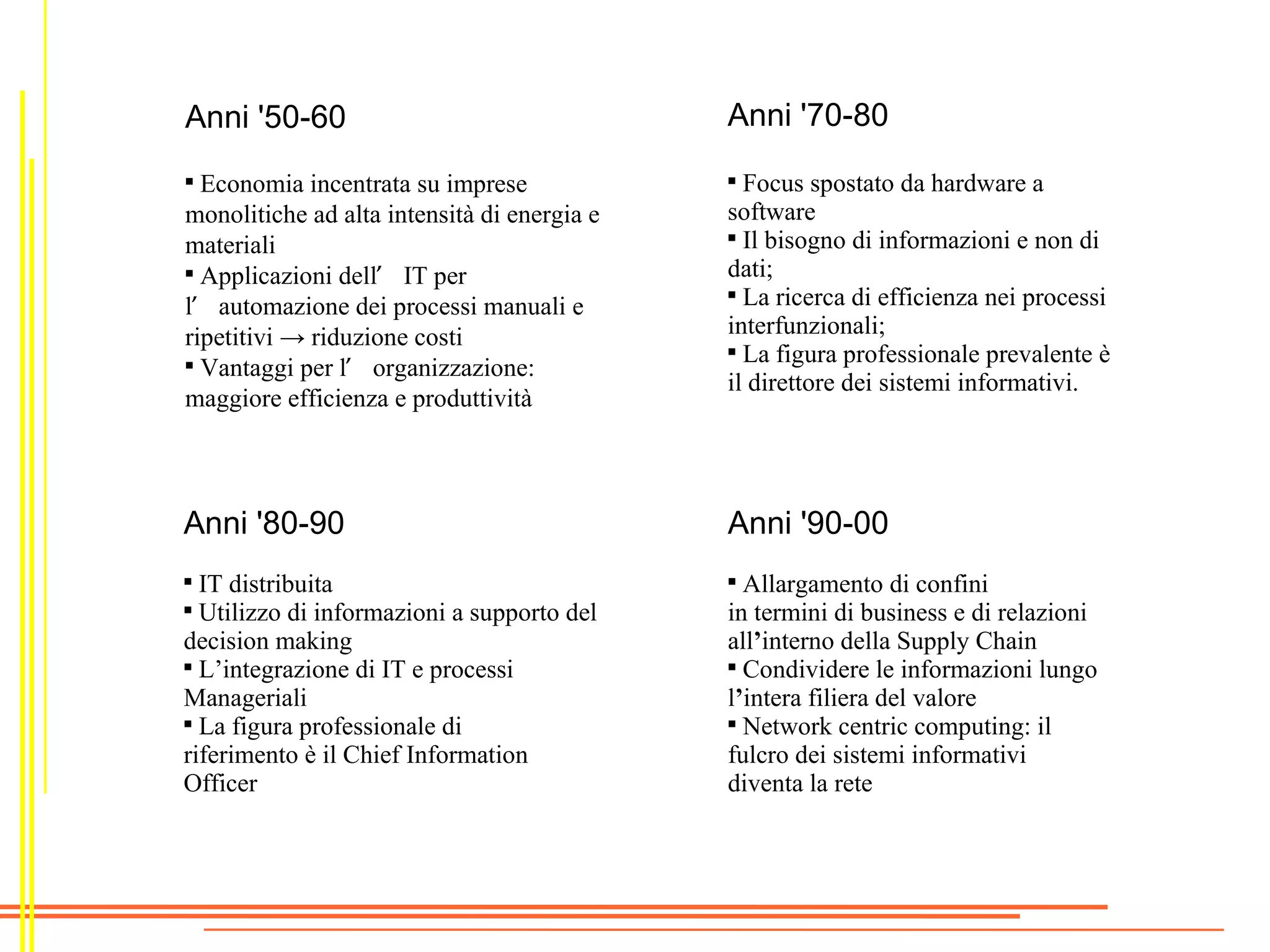 Anni '50-60                                  Anni '70-80

  Economia incentrata su imprese             
                                               Focus spostato da hardware a
monolitiche ad alta intensità di energia e   software
materiali                                    
                                               Il bisogno di informazioni e non di

  Applicazioni dell’ IT per                  dati;
l’ automazione dei processi manuali e
                                             
                                               La ricerca di efficienza nei processi
ripetitivi → riduzione costi                 interfunzionali;
                                             
                                               La figura professionale prevalente è

  Vantaggi per l’ organizzazione:
                                             il direttore dei sistemi informativi.
maggiore efficienza e produttività



Anni '80-90                                  Anni '90-00

  IT distribuita                             
                                               Allargamento di confini

  Utilizzo di informazioni a supporto del    in termini di business e di relazioni
decision making                              all’interno della Supply Chain

  L’integrazione di IT e processi            
                                               Condividere le informazioni lungo
Manageriali                                  l’intera filiera del valore

  La figura professionale di                 
                                               Network centric computing: il
riferimento è il Chief Information           fulcro dei sistemi informativi
Officer                                      diventa la rete
 
