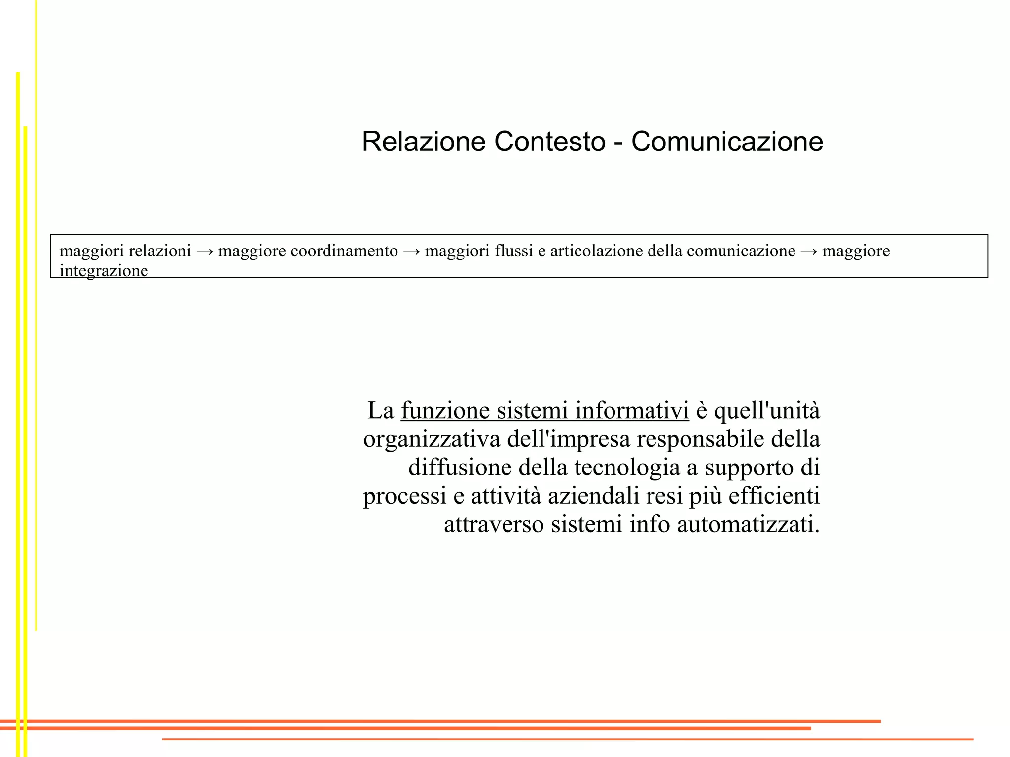 Relazione Contesto - Comunicazione


maggiori relazioni → maggiore coordinamento → maggiori flussi e articolazione della comunicazione → maggiore
integrazione




                                       La funzione sistemi informativi è quell'unità
                                       organizzativa dell'impresa responsabile della
                                           diffusione della tecnologia a supporto di
                                       processi e attività aziendali resi più efficienti
                                               attraverso sistemi info automatizzati.
 