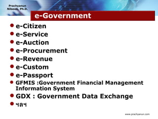 Prachyanun
Nilsook, Ph.D.


                 e-Government
 e-Citizen
 e-Service
 e-Auction
 e-Procurement
 e-Revenue
 e-Custom
 e-Passport
  GFMIS :Government Financial Management
   Information System
 GDX : Government Data Exchange
 ฯลฯ
                                   www.prachyanun.com
 