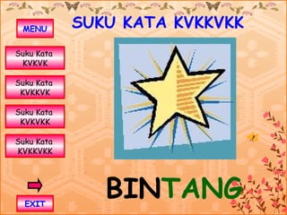 MENU       SUKU KATA KVKKVKK
Suku Kata
 KVKVK

Suku Kata
 KVKKVK

Suku Kata
 KVKVKK

Suku Kata
KVKKVKK




  EXIT
               BINTANG
 