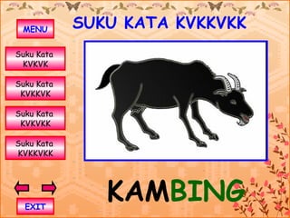 MENU       SUKU KATA KVKKVKK
Suku Kata
 KVKVK

Suku Kata
 KVKKVK

Suku Kata
 KVKVKK

Suku Kata
KVKKVKK




  EXIT
               KAMBING
 