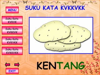 MENU       SUKU KATA KVKKVKK
Suku Kata
 KVKVK

Suku Kata
 KVKKVK

Suku Kata
 KVKVKK

Suku Kata
KVKKVKK




  EXIT
               KENTANG
 