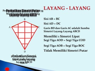 A
B
C
D
Sisi AB = BC
Sisi AD = DC
Perhatikan Keempat
Sisi Layang-layang
ABCD
Perhatikan Sumbu Simetri
Layang-layang ABCD
Garis BD dan Garis AC adalah Sumbu
Simetri Layang-Layang ABCD
o
Perhatikan Simetri
Lipat pada Layang-
layang ABCD
Memiliki 1 Simetri Lipat
Perhatikan Segi Tiga-Segi Tiga yg
Membentuk Layang-layang
Segi Tiga AOD = Segi Tiga COD
Segi Tiga AOB = Segi Tiga BOC
Tidak Memiliki Simetri Putar
 