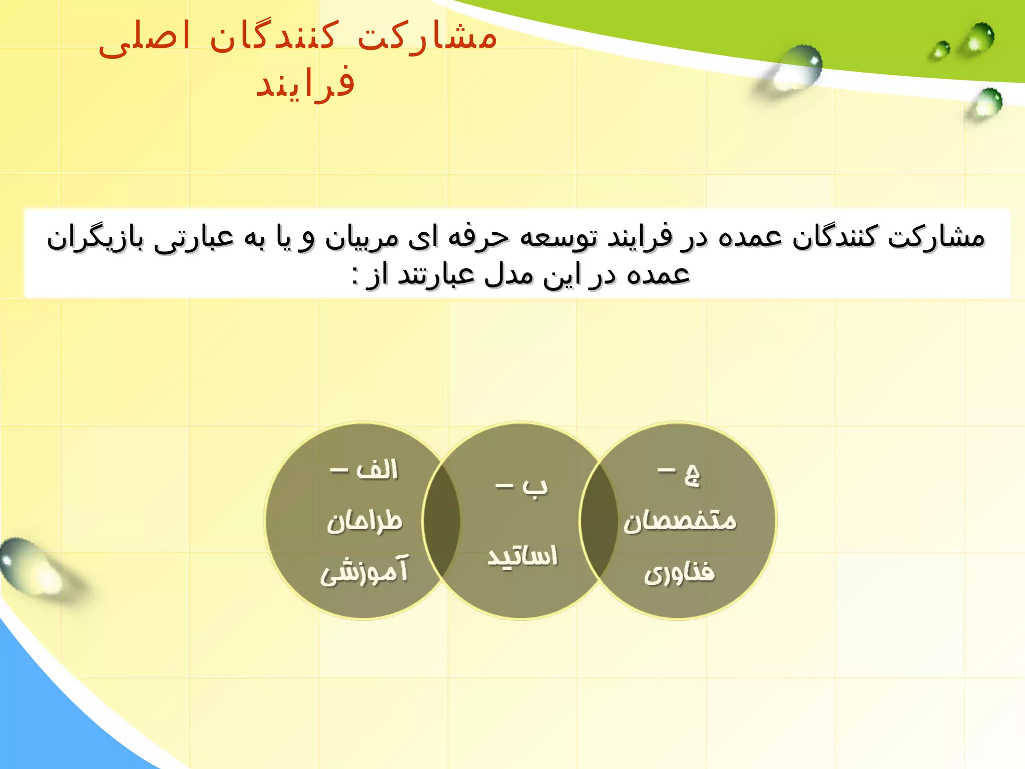 مشارکت کنندگان اصلی 
فرایند 
ممششااررککتت ککننننددگگاانن ععممددهه ددرر ففرراایینندد تتووسسععهه ححررففهه اایی ممررببییاانن وو ییاا ببهه ععببااررتتیی ببااززییگگرراانن 
ععممددهه ددرر اایینن ممددلل ععببااررتتنندد اازز :: 
 