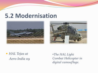 5.2 Modernisation
 HAL Tejas at
Aero-India 09
•The HAL Light
Combat Helicopter in
digital camouflage.
 