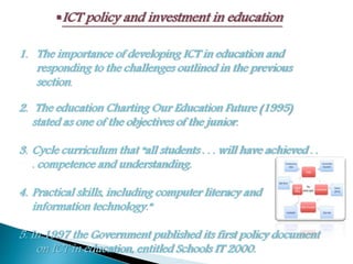 ICT policy and investment in education
1. The importance of developing ICT in education and
responding to the challenges outlined in the previous
section.
2. The education Charting Our Education Future (1995)
stated as one of the objectives of the junior.
3. Cycle curriculum that “all students . . . will have achieved . .
. competence and understanding.
4. Practical skills, including computer literacy and
information technology.”
5. In 1997 the Government published its first policy document
on ICT in education, entitled Schools IT 2000.
 