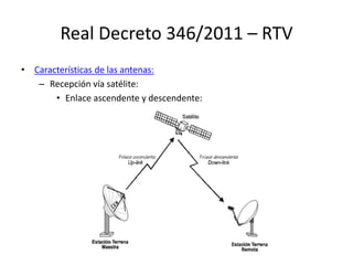 Real Decreto 346/2011 – RTV
• Características de las antenas:
– Recepción vía satélite:
• Enlace ascendente y descendente:
 
