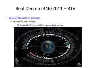 Real Decreto 346/2011 – RTV
• Características de las antenas:
– Recepción vía satélite:
• Cinturón de Clarke: satélites geoestacionarios
 