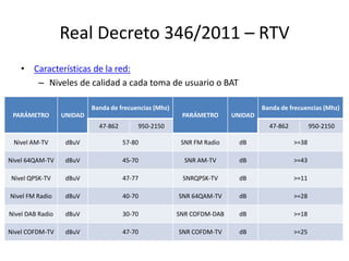 Real Decreto 346/2011 – RTV
• Características de la red:
– Niveles de calidad a cada toma de usuario o BAT
PARÁMETRO UNIDAD
Banda de frecuencias (Mhz)
47-862 950-2150
Nivel AM-TV dBuV 57-80
Nivel 64QAM-TV dBuV 45-70
Nivel QPSK-TV dBuV 47-77
Nivel FM Radio dBuV 40-70
Nivel DAB Radio dBuV 30-70
Nivel COFDM-TV dBuV 47-70
PARÁMETRO UNIDAD
Banda de frecuencias (Mhz)
47-862 950-2150
SNR FM Radio dB >=38
SNR AM-TV dB >=43
SNRQPSK-TV dB >=11
SNR 64QAM-TV dB >=28
SNR COFDM-DAB dB >=18
SNR COFDM-TV dB >=25
 