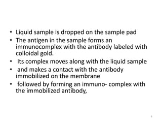 • Liquid sample is dropped on the sample pad
• The antigen in the sample forms an
immunocomplex with the antibody labeled with
colloidal gold.
• Its complex moves along with the liquid sample
• and makes a contact with the antibody
immobilized on the membrane
• followed by forming an immuno- complex with
the immobilized antibody,
6
 