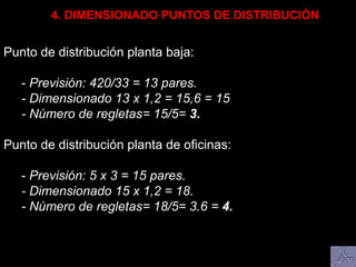 Punto de distribución planta baja:
- Previsión: 420/33 = 13 pares.
- Dimensionado 13 x 1,2 = 15,6 = 15
- Número de regletas= 15/5= 3.
Punto de distribución planta de oficinas:
- Previsión: 5 x 3 = 15 pares.
- Dimensionado 15 x 1,2 = 18.
- Número de regletas= 18/5= 3.6 = 4.
4. DIMENSIONADO PUNTOS DE DISTRIBUCIÓN.
 