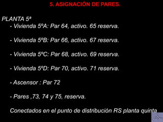 PLANTA 5ª
- Vivienda 5ºA: Par 64, activo. 65 reserva.
- Vivienda 5ºB: Par 66, activo. 67 reserva.
- Vivienda 5ºC: Par 68, activo. 69 reserva.
- Vivienda 5ºD: Par 70, activo. 71 reserva.
- Ascensor : Par 72
- Pares ,73, 74 y 75, reserva.
Conectados en el punto de distribución RS planta quinta
5. ASIGNACIÓN DE PARES.
 