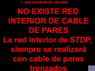 7. RED INTERIOR DE USUARIO.
NO EXISTE RED
INTERIOR DE CABLE
DE PARES
La red interior de STDP,
siempre se realizará
con cable de pares
trenzados
 