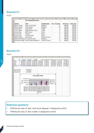 © Pearson Education Ltd 2010
ICT
18
Exercise 5.7
1 to 7
Exercise 5.8
1 to 7
Extension questions
• If D4 has the value 55, ...