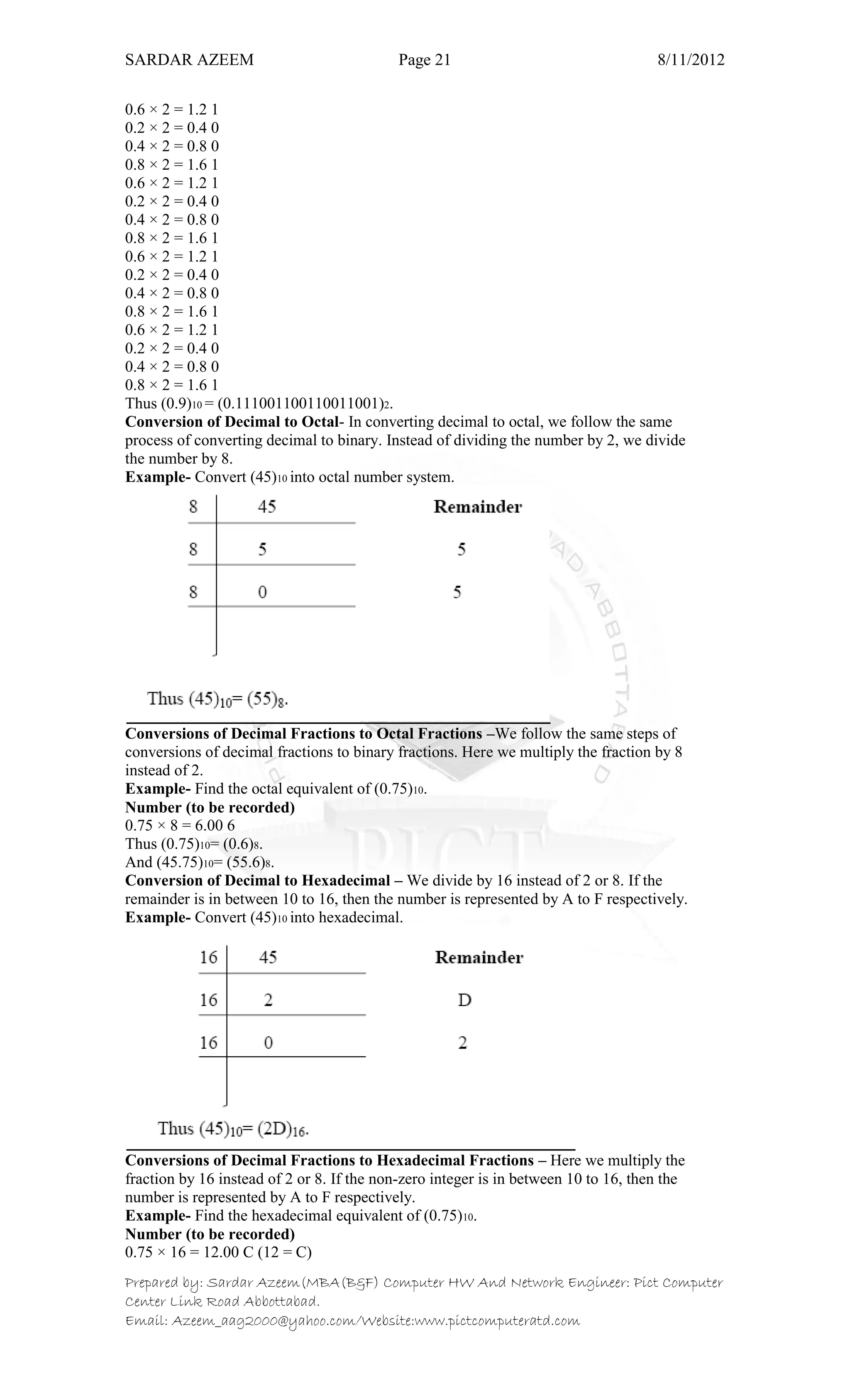 SARDAR AZEEM Page 21 8/11/2012
Prepared by: Sardar Azeem(MBA(B&F) Computer HW And Network Engineer: Pict Computer
Center Link Road Abbottabad.
Email: Azeem_aag2000@yahoo.com/Website:www.pictcomputeratd.com
0.6 × 2 = 1.2 1
0.2 × 2 = 0.4 0
0.4 × 2 = 0.8 0
0.8 × 2 = 1.6 1
0.6 × 2 = 1.2 1
0.2 × 2 = 0.4 0
0.4 × 2 = 0.8 0
0.8 × 2 = 1.6 1
0.6 × 2 = 1.2 1
0.2 × 2 = 0.4 0
0.4 × 2 = 0.8 0
0.8 × 2 = 1.6 1
0.6 × 2 = 1.2 1
0.2 × 2 = 0.4 0
0.4 × 2 = 0.8 0
0.8 × 2 = 1.6 1
Thus (0.9)10 = (0.111001100110011001)2.
Conversion of Decimal to Octal- In converting decimal to octal, we follow the same
process of converting decimal to binary. Instead of dividing the number by 2, we divide
the number by 8.
Example- Convert (45)10 into octal number system.
Conversions of Decimal Fractions to Octal Fractions –We follow the same steps of
conversions of decimal fractions to binary fractions. Here we multiply the fraction by 8
instead of 2.
Example- Find the octal equivalent of (0.75)10.
Number (to be recorded)
0.75 × 8 = 6.00 6
Thus (0.75)10= (0.6)8.
And (45.75)10= (55.6)8.
Conversion of Decimal to Hexadecimal – We divide by 16 instead of 2 or 8. If the
remainder is in between 10 to 16, then the number is represented by A to F respectively.
Example- Convert (45)10 into hexadecimal.
Conversions of Decimal Fractions to Hexadecimal Fractions – Here we multiply the
fraction by 16 instead of 2 or 8. If the non-zero integer is in between 10 to 16, then the
number is represented by A to F respectively.
Example- Find the hexadecimal equivalent of (0.75)10.
Number (to be recorded)
0.75 × 16 = 12.00 C (12 = C)
 